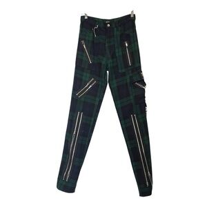 Tiger of London Mens Punk Rock Zip Bondage Green Woolly‎ Tartan Pants Size 28